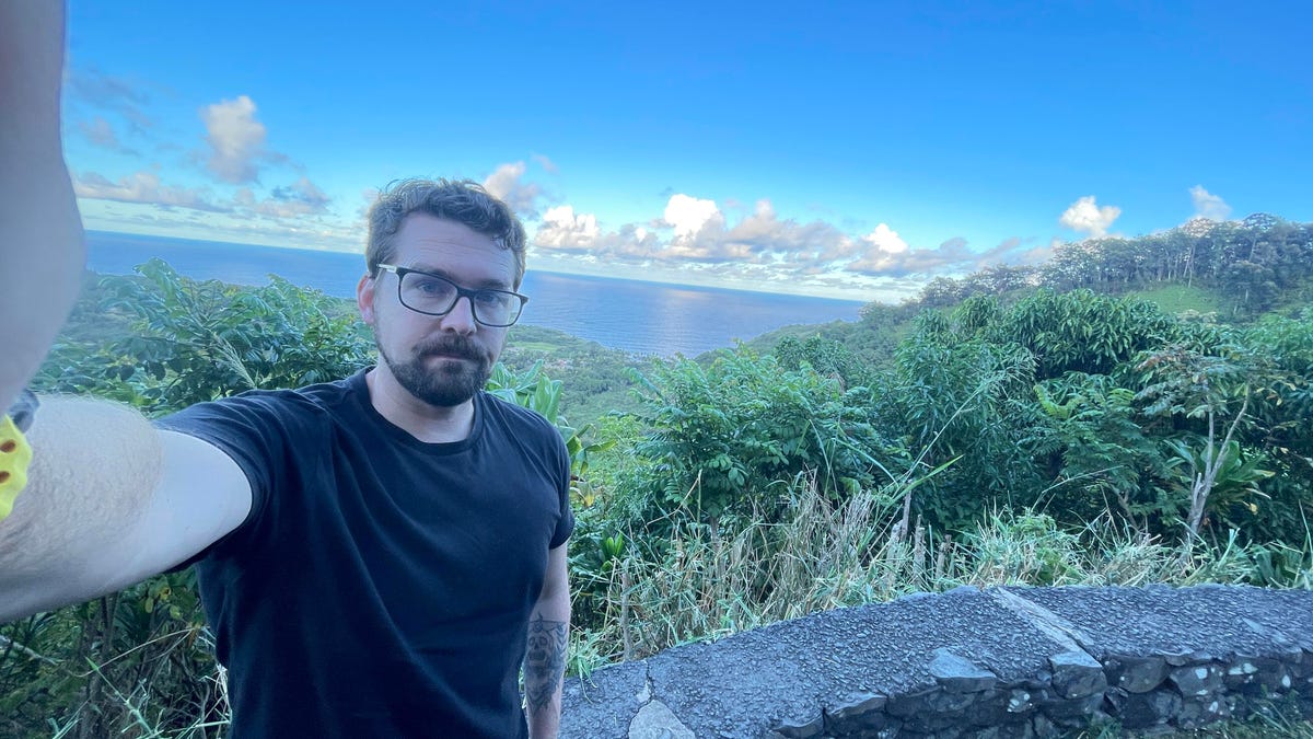 A man stands on an overlook with a stone railing between him and the foliage underneath, and then a far drop to the water below.