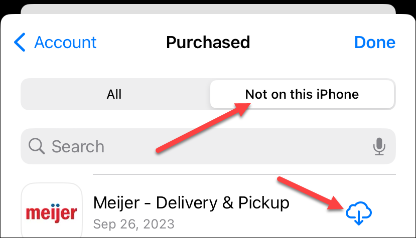 Sorting for apps 'Not on this iPhone' in the App Store.