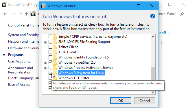 Open up the Windows Features menu, scroll down until you find "Windows Subsystem for Linux," then tick the box and click "OK."