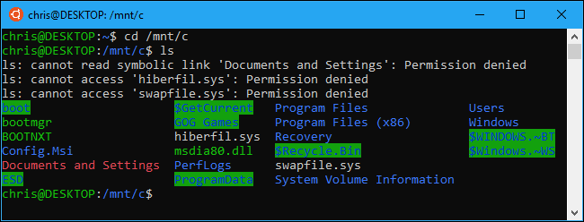 The command "ls" run in the C:\ directory to list files and folders. 