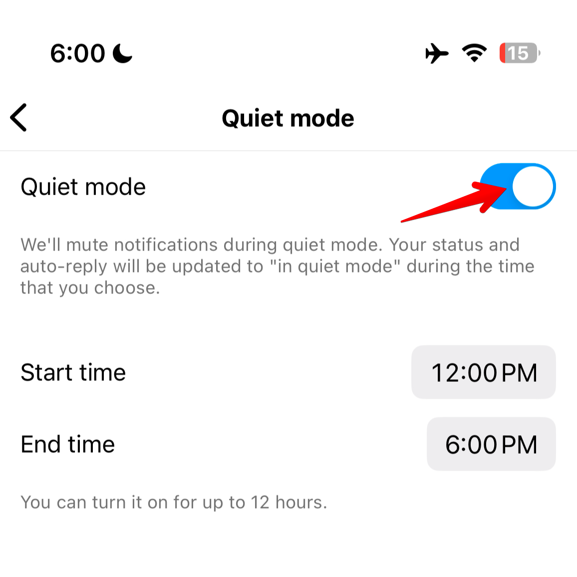 Instagram Quiet mode menu with the blue toggle indicating the feature is turned on.