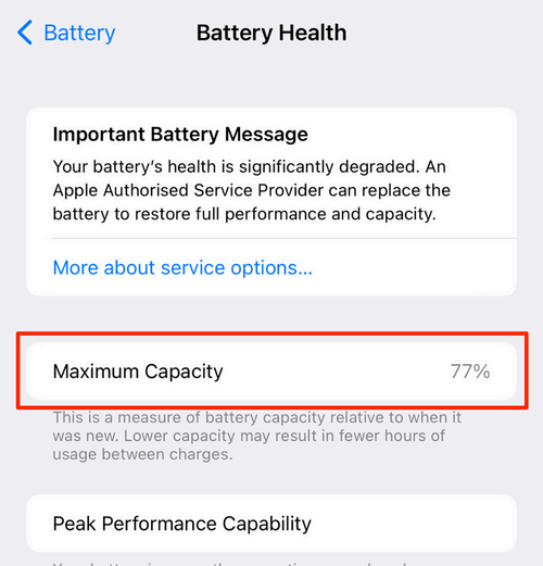 iPhone battery health maximum capacity relative to when it was new.