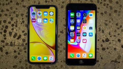 The iPhone XR (left) next to the iPhone 8 Plus (right)