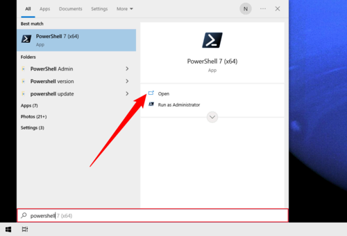 Search for 'powershell' in the Start menu search bar, then click 