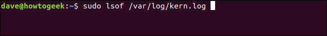 sudo lsof /var/log/kern.log in a terminal window