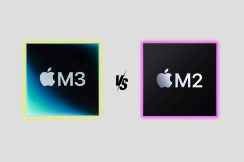 Mascots of the M3 and M2 chips besides each other with a versus symbol in the middle