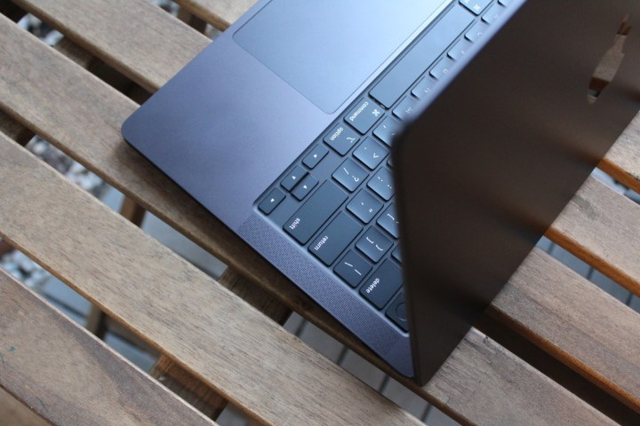 Looking down at the keyboard and trackpad on a MacBook Pro.