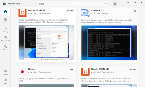 Linux distros available on the Microsoft Store. 