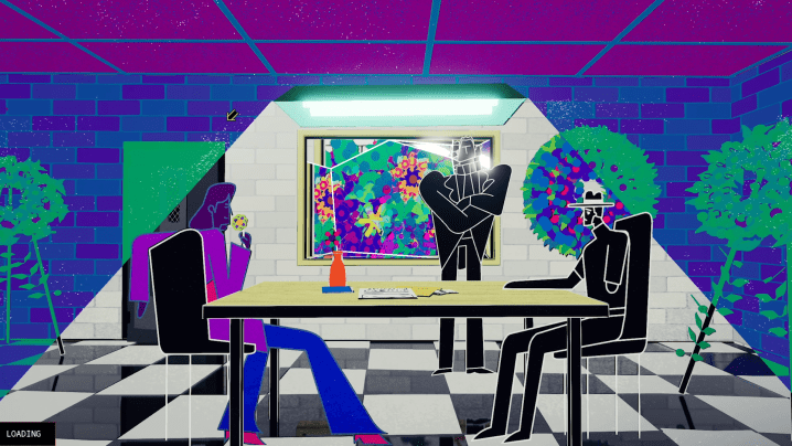 Characters sit at a table in Nirvana Noir.