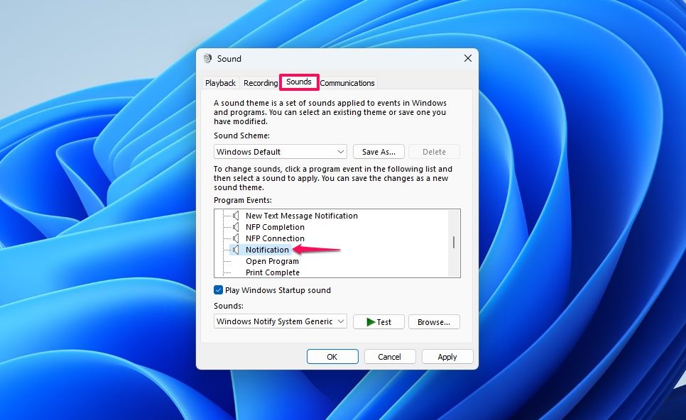 Notification option in the Sound window