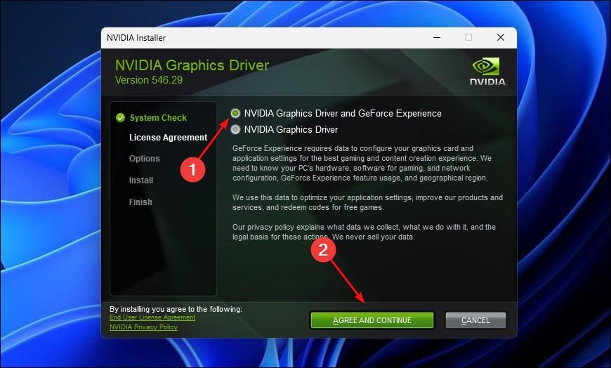 Nvidia Graphics Driver Intaller prompt with Nvidia Graphics Driver and GeForce Experience Option Selected