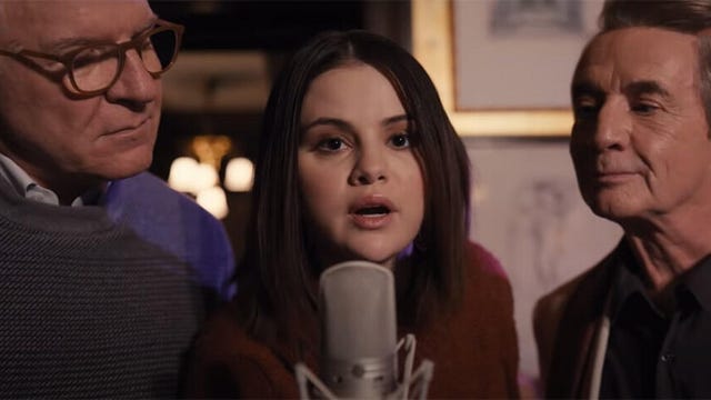 Steve Martin, Selena Gomez and Martin Short on the mic