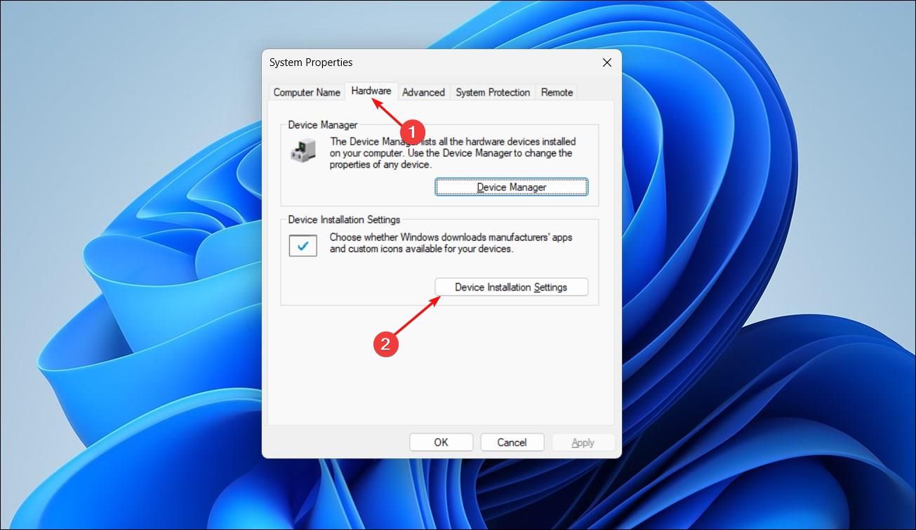 System Properties dialog with Device Installation Settings Option in Windows 11