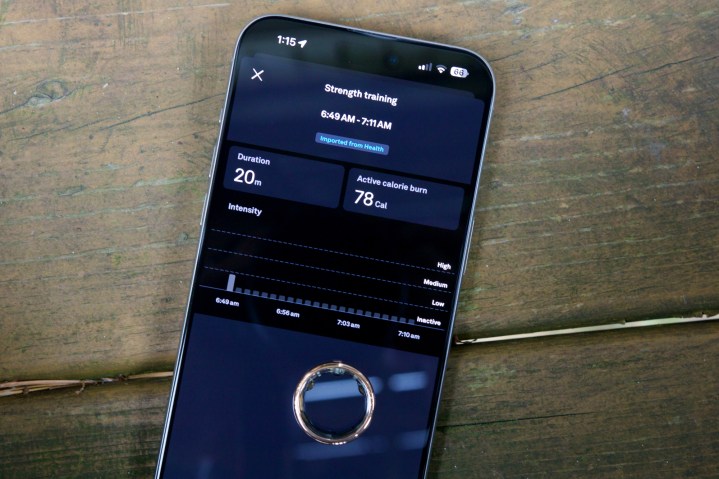 An example of a strength training workout displayed in the Oura app.