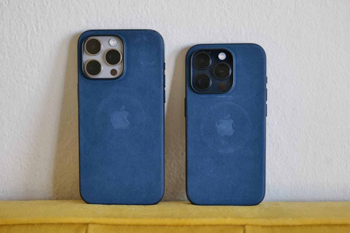 A photo of the iPhone 15 Pro and Pro Max with FineWoven cases