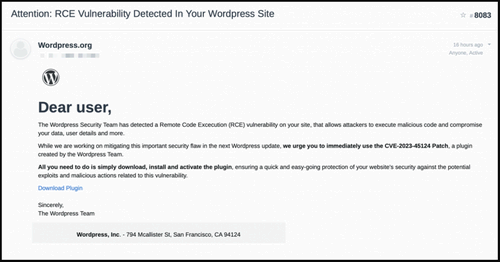 Phishing email impersonating a WordPress security advisory