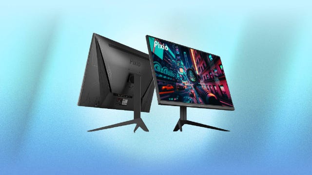 The front and back of a Pixio PX277 monitor against a blue background.