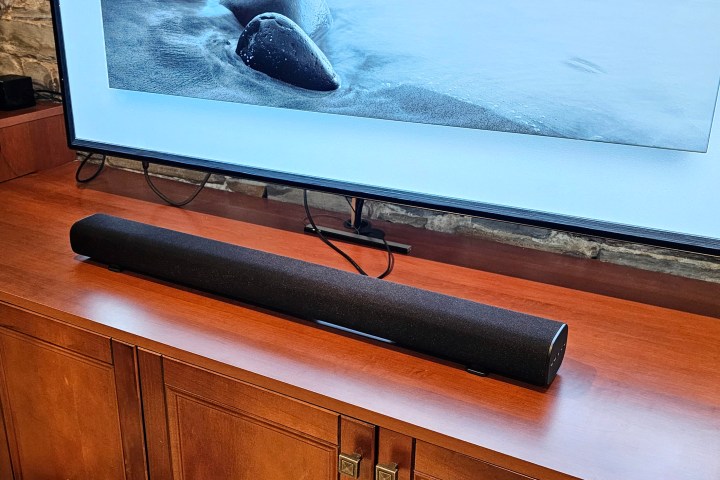 Platin Audio Milan 5.1.4 soundbar in front of TV.