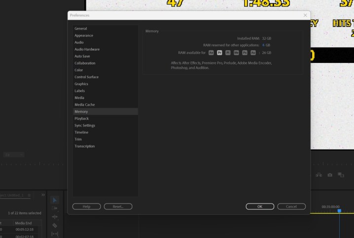 RAM allocation settings in Adobe Premiere Pro.