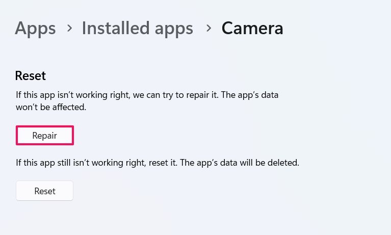 Repair Option in the Settings app