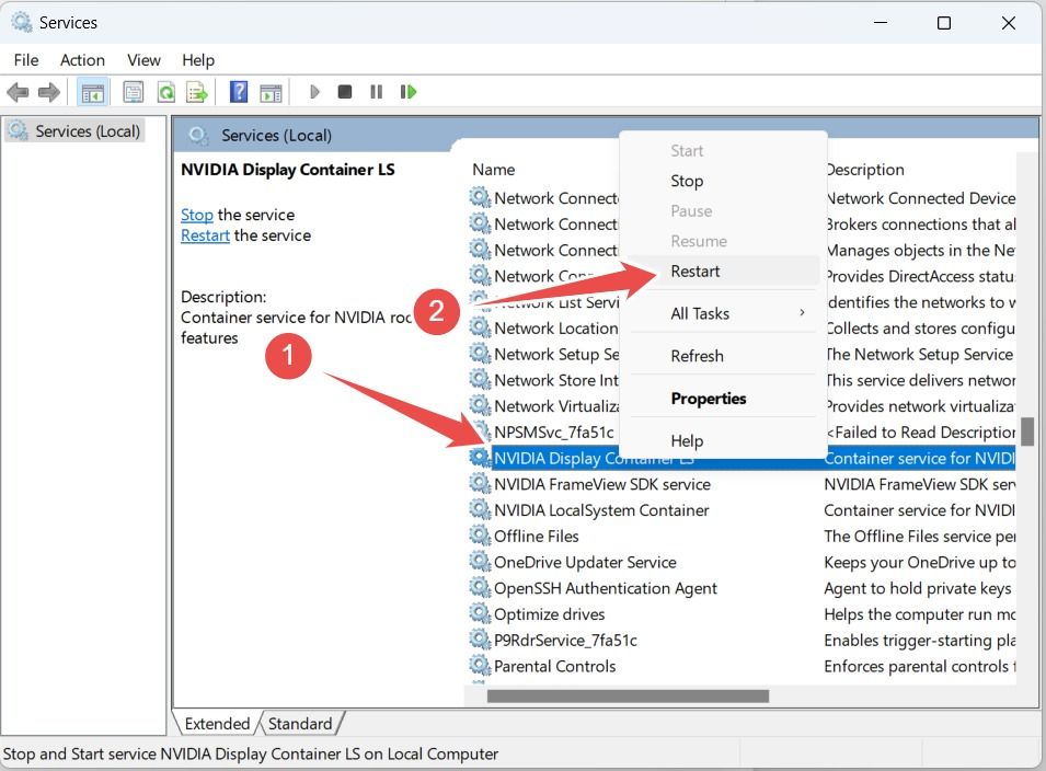 Restarting the 'NVIDIA Display Container LS' service on Windows