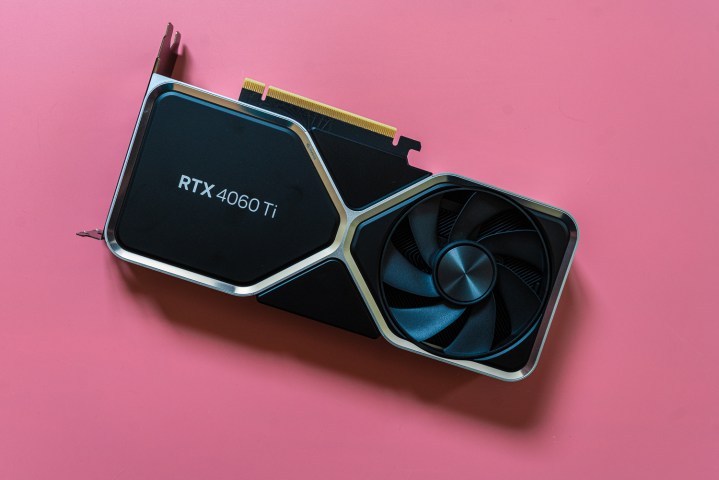 RTX 4060 Ti sitting on a pink background.