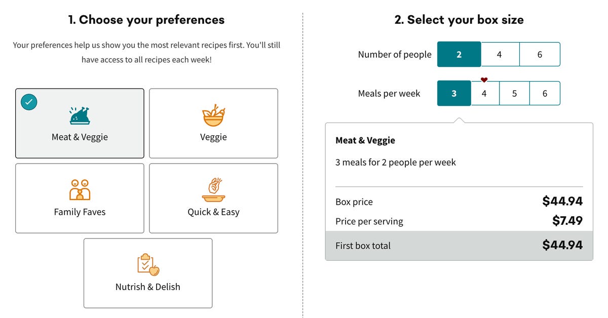 website page for picking meal plans