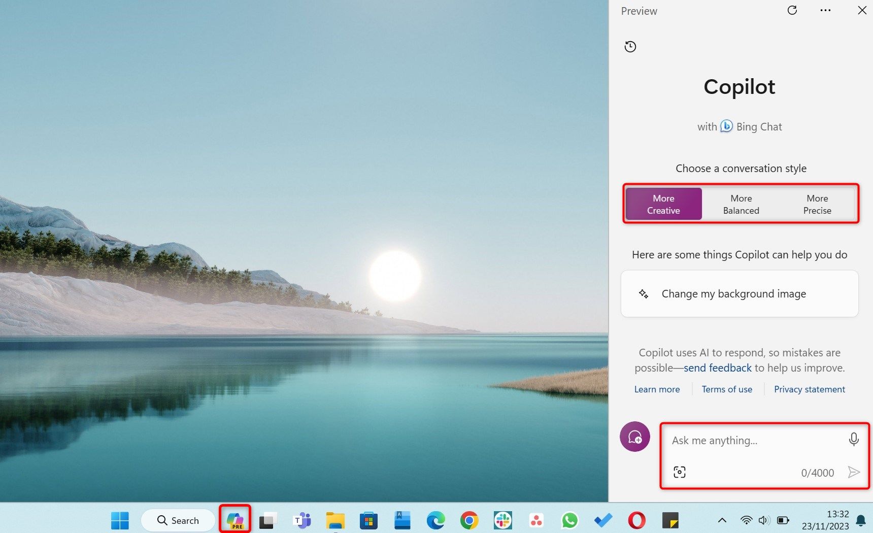 Windows Copilot open on the right side of the screen