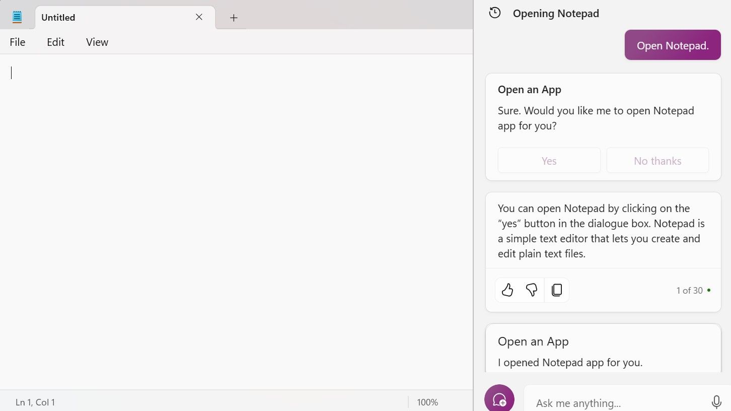 Windows Copilot opening Notepad app via prompt