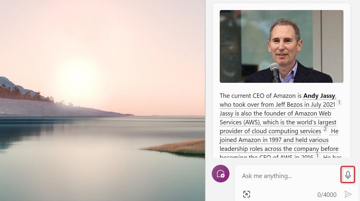 Windows Copilot answering a question on Amazon's CEO based on web sources
