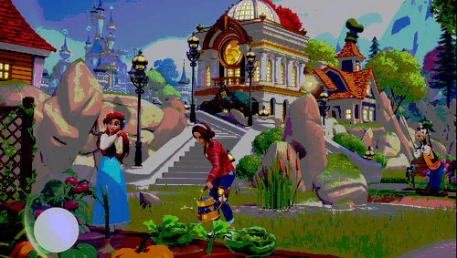 A still frame from Disney Dreamlight Valley Arcade Edition showing a person farming next to Ariel from the Little Mermaid. Goofy is in the background