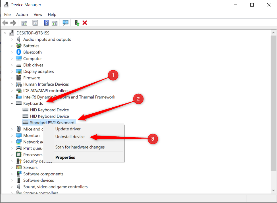 Uninstall a keyboard driver in Windows Device Manager.