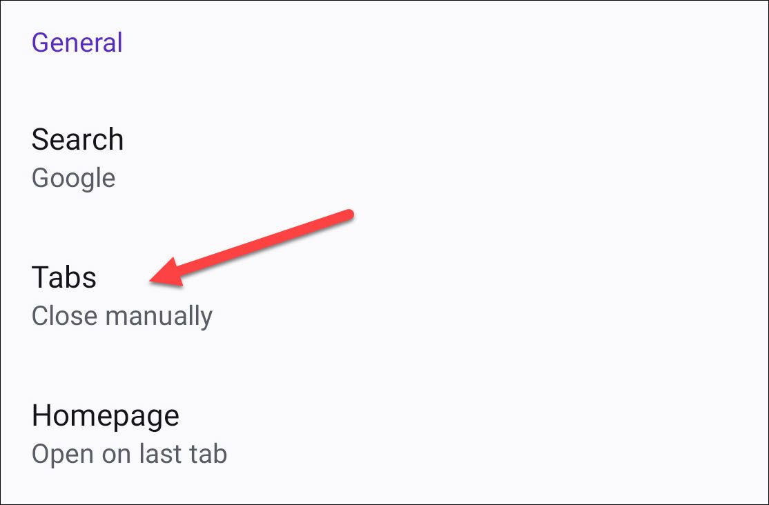 Tabs section in the Firefox for Android settings.