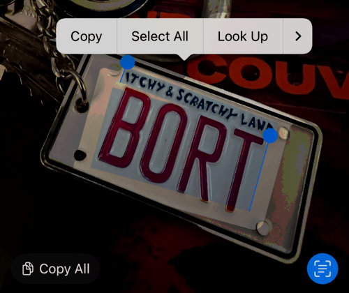 Selecting the text on a keyring using a photo in Apple Photos.