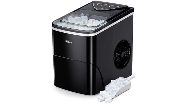 Black ice maker with ice in a scoop