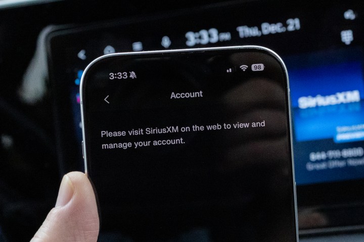 The Account section of the SiriusXM app is clearly visible in a normal-faced font.