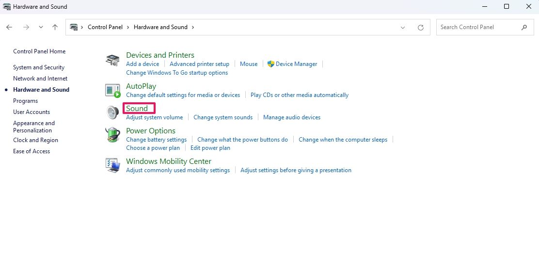 Sound option in the Control Panel