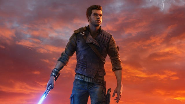 Cal Kestis wields his blue lightsaber as the sun sets behind him in Star Wars: Jedi Survivor key art