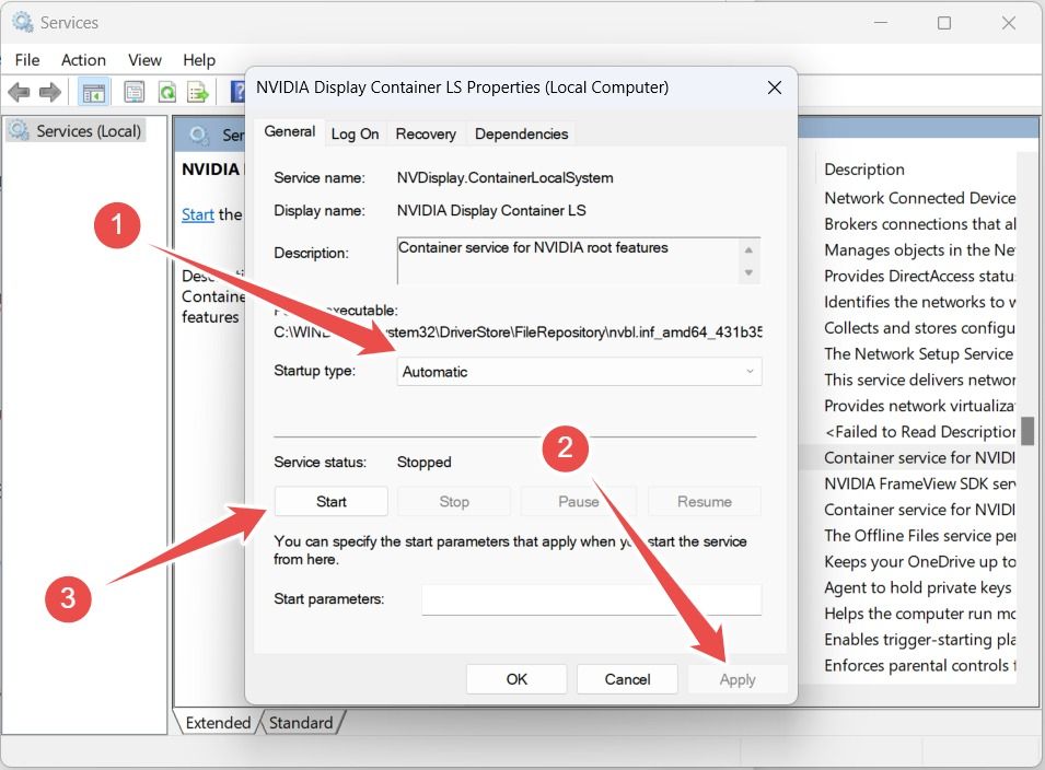 Manually starting the 'NVIDIA Display Container LS' service on Windows