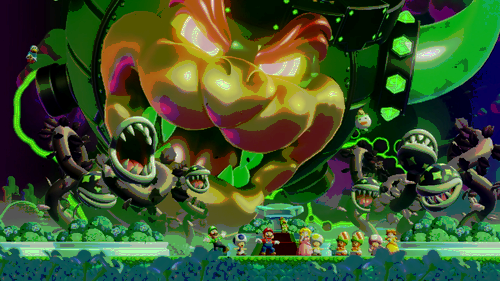 Bowser terrorizes Mario and company in Super Mario Wonder.