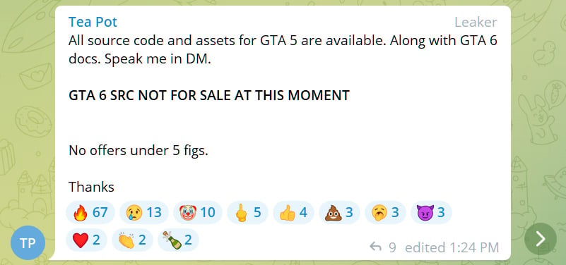 Hacker selling GTA V source code on Telegram in 2022