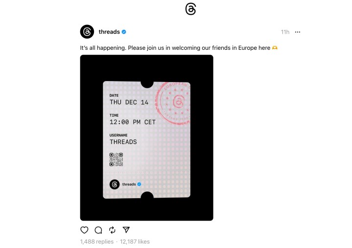 A post on Threads announcing the launch of Threads in the EU.