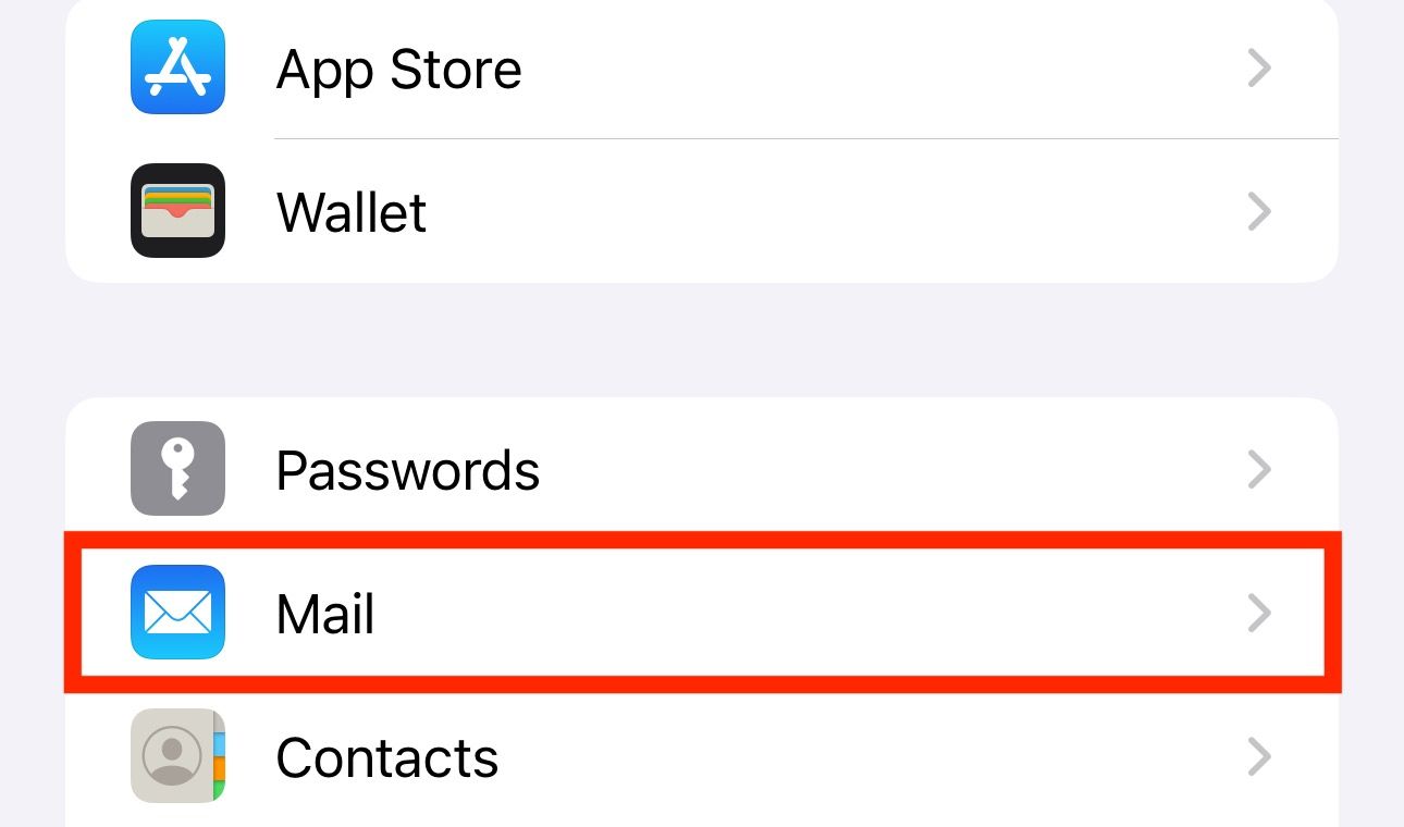 Mail settings option in the iPhone Settings.