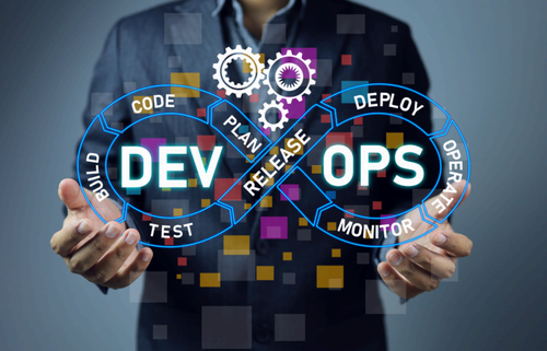 Professional holding up a virtual DevOps symbol.