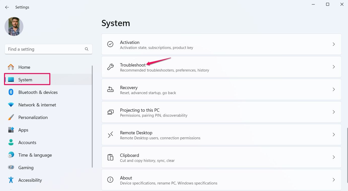 Troubleshoot option in the Settings app