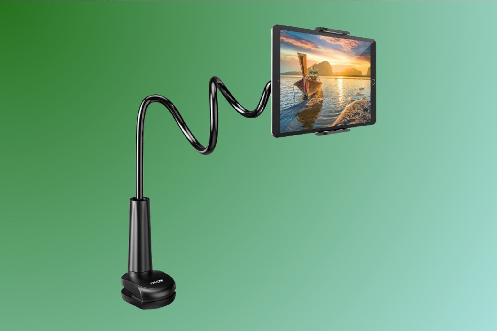 Tryone Gooseneck Tablet Holder on gradient background