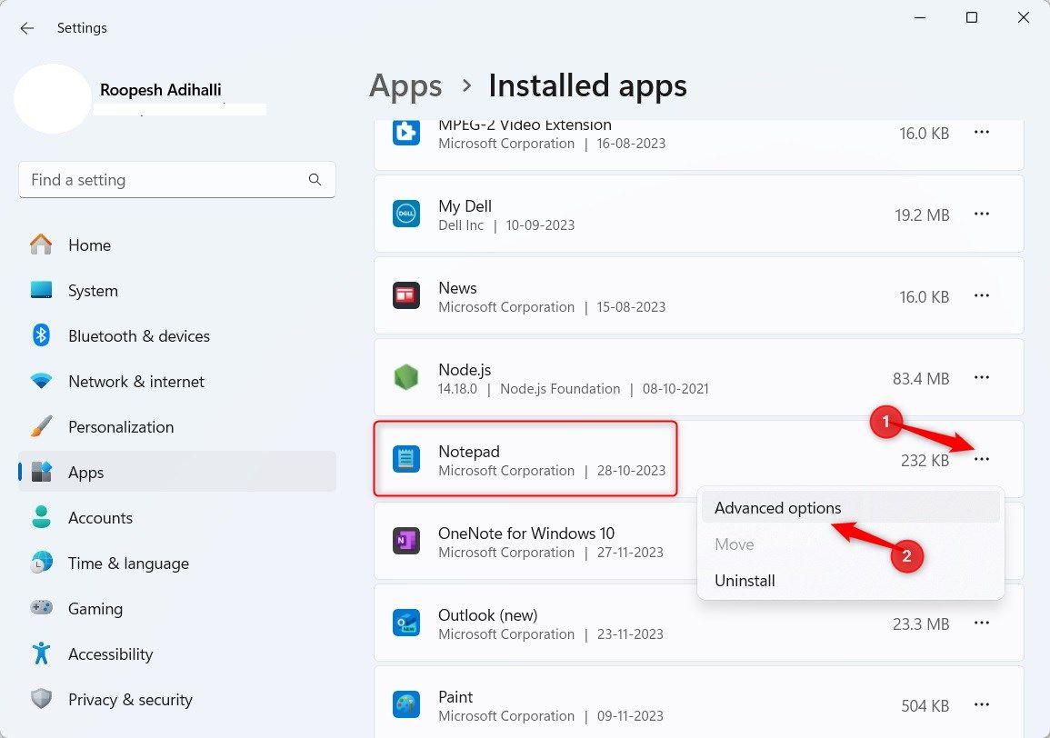 Windows 11 Installed Apps section highlighting Notepad ellipsis options.