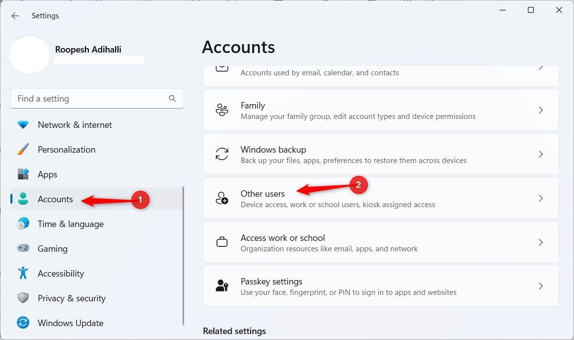 Windows 11 Settings highlighting Other Users option.