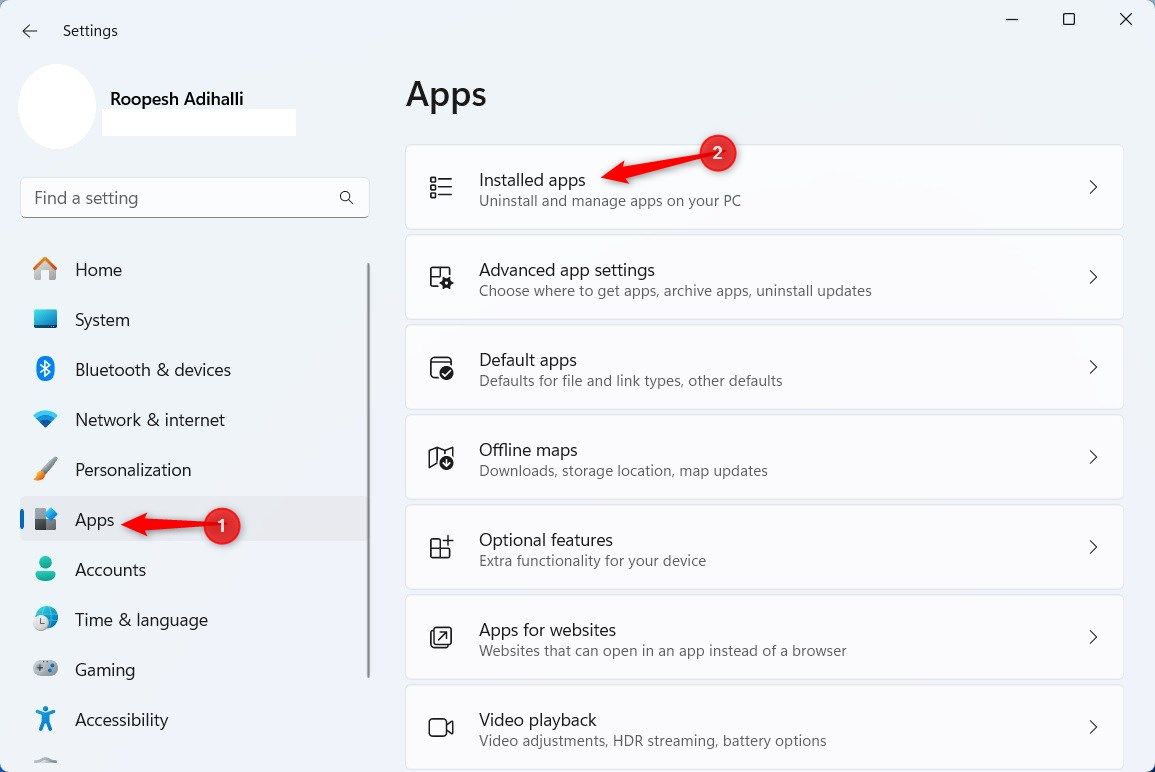 Windows 11 Settings highlighting the Installed Apps option. 