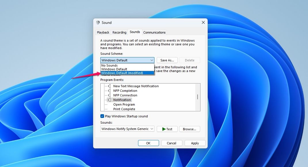 Windows Default (modified) option in the Sound window